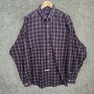 Roundtree & Yorke Shirt Mens XL Burgundy Button Down Plaid Cotton Casual